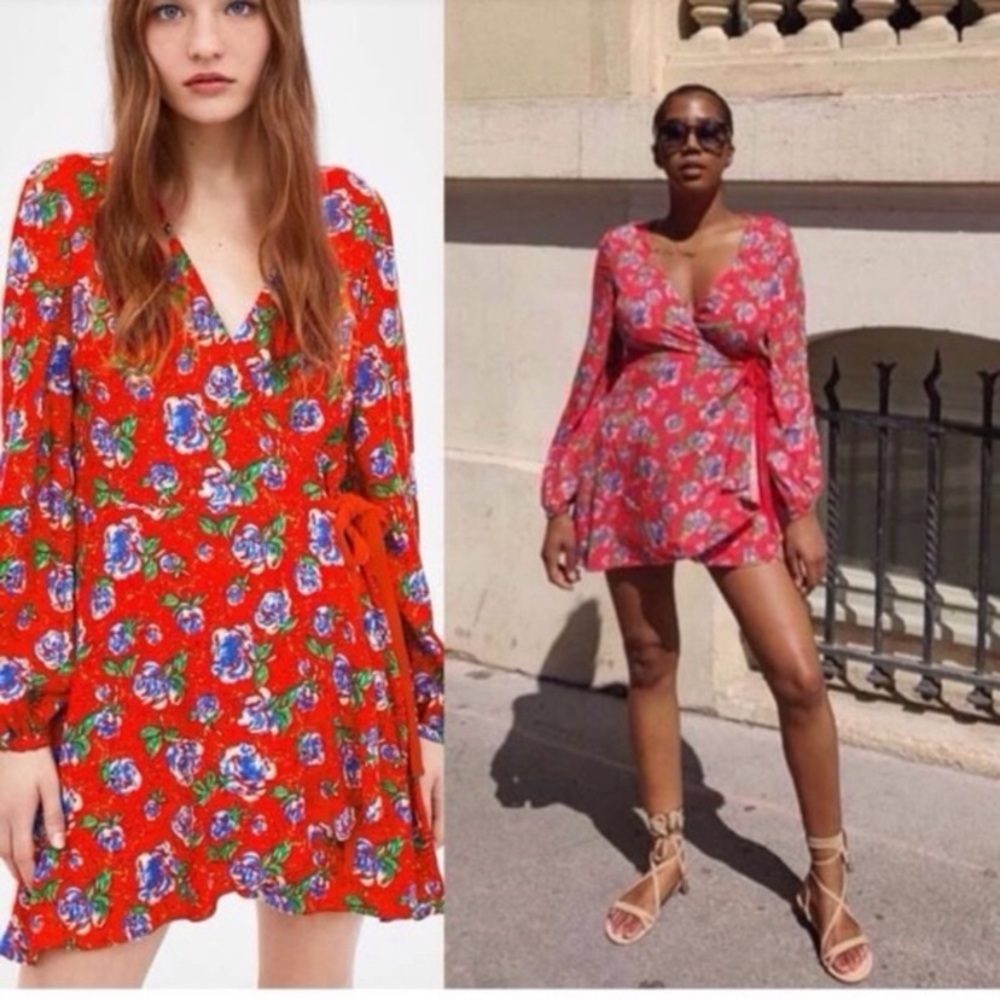 Floral Red Mini Wrap Dress from Zara